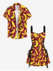 Banana Flower Leaf Print Matching Hawaii Beach Outfit For Couples -  