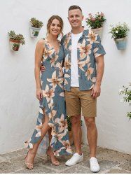 Flower Leaf Print Matching Hawaii Beach Outfit For Couples -  