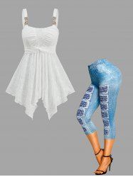 Ensemble grande taille composé d'un débardeur froncé jacquard rose et d'un jegging court imprimé 3D en jean taille haute - Blanc 