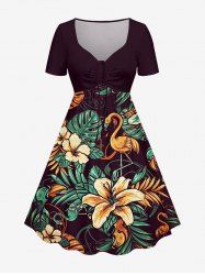 Plus Size Flamingo Hibiscus Flower Tropical Leaf Print Cinched Hawaii Dress -  