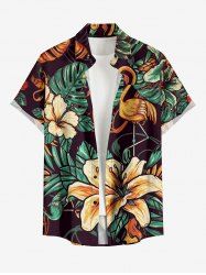 Chemise hawaïenne grande taille pour homme, à imprimé flamants roses et hibiscus, feuilles tropicales, boutons et poche. - Café profond 2XL