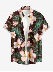 Chemise hawaïenne grande taille pour homme, à imprimé floral tropical et feuilles, boutons et poche. - Café profond 2XL