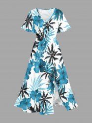 Plus Size Hibiscus Flower Leaf Coconut Tree Print Split Hawaii Midi Dress -  
