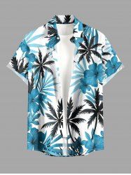 Chemise hawaïenne grande taille pour homme, imprimée de fleurs d'hibiscus, de feuilles de cocotier et de cocotiers, avec boutons et poche. - Bleu clair 2XL