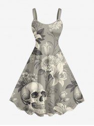 Robe débardeur hawaïenne à imprimé tête de mort, fleurs et feuilles, grande taille - Gris Foncé XXS