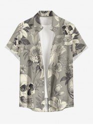 Chemise hawaïenne grande taille pour homme, à imprimé têtes de mort, fleurs et feuilles, boutons et poche. - Gris Clair 2XL
