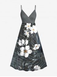 Robe à bretelles croisées à imprimé floral et feuilles grande taille, style hawaïen - Gris Foncé 2X