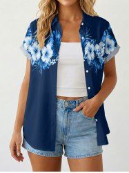 Chemise hawaïenne pour femme, à imprimé de feuilles tropicales et fleurs d'hibiscus, boutons et poches. - Bleu profond M