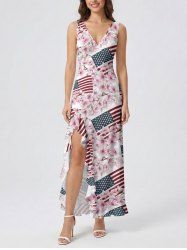 Robe hawaïenne à imprimé floral et drapeau américain patriotique, à volants et fente cache-cœur - Rose clair M