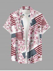 Patriotic American Flag Flowers Print Buttons Pocket Hawaii Shirt For Men -  