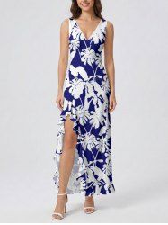 Robe hawaïenne à imprimé feuilles de cocotier, volants et fente cache-cœur - Bleu profond XS