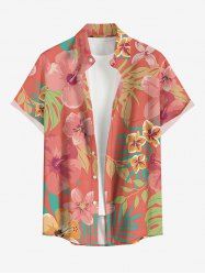 Chemise hawaïenne grande taille pour homme, à imprimé floral tropical et feuilles d'hibiscus, boutons et poche. - CORAL ROSE 2XL
