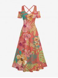 Robe longue hawaïenne à imprimé floral d'hibiscus et feuilles tropicales, épaules dénudées et croisée, grande taille - CORAL ROSE XS