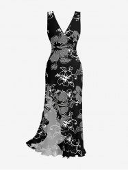 Robe hawaïenne à imprimé feuilles et fleurs d'hibiscus, volants et fente cache-cœur - Noir XS