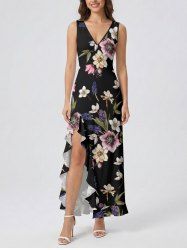 Flower Leaf Print Hawaii Ruffles Split Dress -  