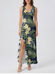 Robe hawaïenne à imprimé floral tropical et feuilles, à volants et fente cache-cœur - Vert profond XS