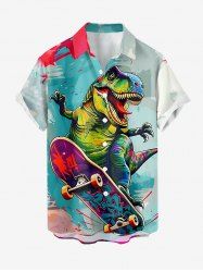 Chemise hawaïenne à imprimé dinosaure skateboard, boutonnée avec poche, pour homme - Turquoise 2XL