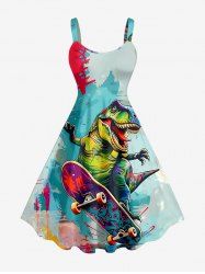 Robe trapèze hawaïenne à imprimé dinosaure skateboard - Turquoise 5X