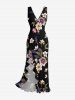 Flower Leaf Print Hawaii Ruffles Split Dress - Noir XXL