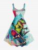 Robe trapèze hawaïenne à imprimé dinosaure skateboard - Turquoise 5X