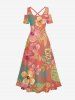 Robe longue hawaïenne à imprimé floral d'hibiscus et feuilles tropicales, épaules dénudées et croisée, grande taille - CORAL ROSE XS