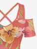 Robe longue hawaïenne à imprimé floral d'hibiscus et feuilles tropicales, épaules dénudées et croisée, grande taille - CORAL ROSE XS