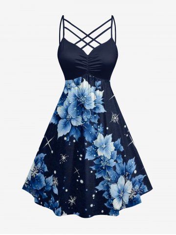 Plus Size Flowers Galaxy Glitter 3D Print Ruched Lattice Crisscross Straps Hawaii Dress - DEEP BLUE - XXS