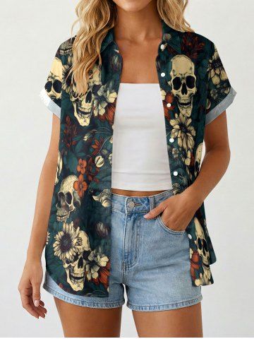 Women Skull Flower Leaf Print Buttons Pocket Hawaii Shirt - DARK TURQUOISE - S