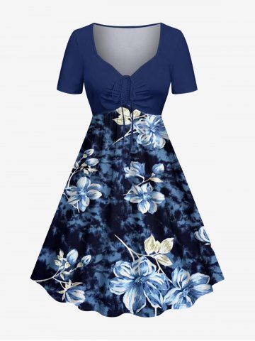Plus Size Flowers Leaf Tie Dye Print Cinched Hawaii Dress - DEEP BLUE - XS
