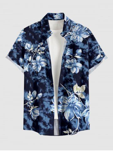 Plus Size Flowers Leaf Tie Dye Print Buttons Pocket Hawaii Shirt For Men