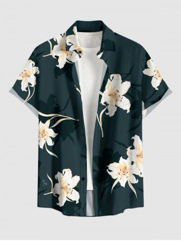 Plus Size Hibiscus Flowers Leaf Print Buttons Pocket Hawaii Shirt For Men