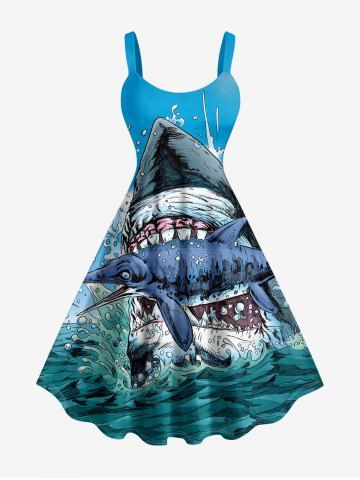 Plus Size Sharks Sea Waves Print Hawaii Tank Dress - LIGHT BLUE - XXS