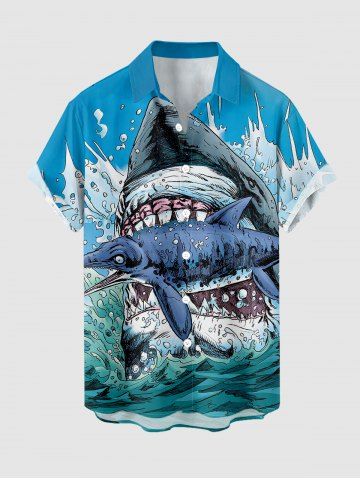 Plus Size Sharks Sea Waves Print Buttons Pocket Hawaii Shirt For Men