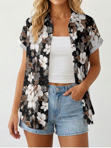 Women's Ombre Flower Leaf Print Hawaii Shirt - DEEP COFFEE - S