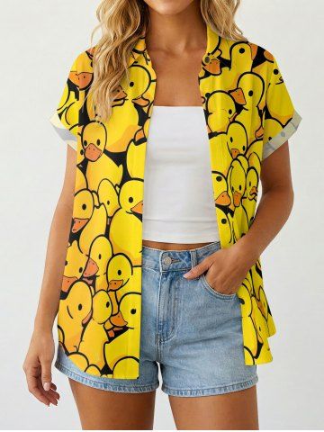 Women's Cute Duck Print Hawaii Shirt - YELLOW - XL