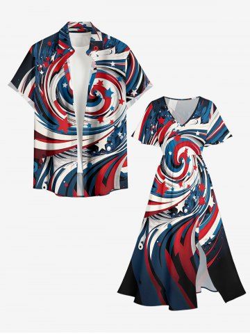 Patriotic American Flag Swirl Print Plus Size Matching Outfit For Couples - BLUE