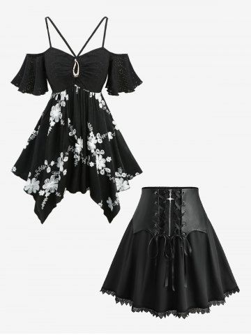 Pointelle Hollow Out Jacquard Floral Embroidery Top and Scalloped Lace Trim PU Panel A Line Skirt Plus Size Outfit