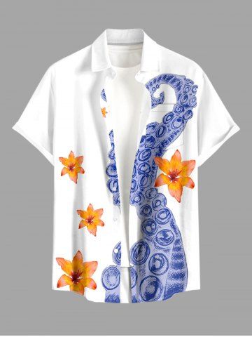 Plus Size Octopus Flowers Print Buttons Pocket Hawaii Shirt For Men - WHITE - L
