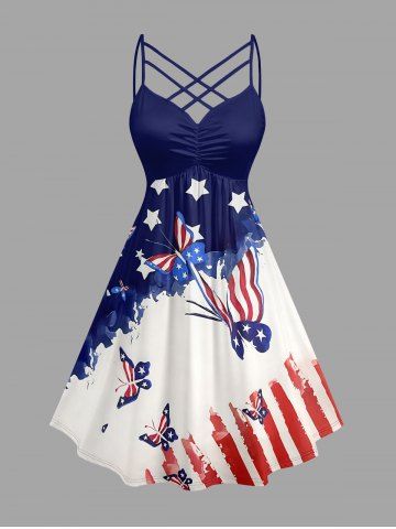 Plus Size Patriotic American Flag Butterfly Print Ruched Lattice Crisscross Straps Dress - BLUE - M