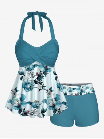 Flower Leaf Branch Print Hawaii Twist Halter Boyleg Tankini Swimsuit - TURQUOISE - 2X