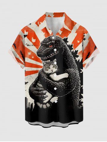Plus Size Dinosaur Cat Print Button Pocket Shirt For Men - ORANGE - 4XL