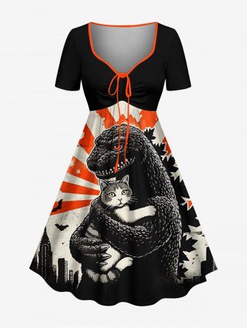 Plus Size Dinosaur Cat Print Cinched A Line Dress - ORANGE - 3X