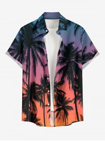 Plus Size Coconut Tree Ombre Sky Print Hawaii Button Pocket Shirt For Men