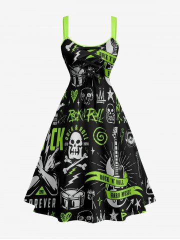 Plus Size Skull Guitar Print Hawaii Rock and Roll Lace Up A Line Dress - GREEN - XXS