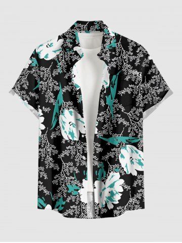 Plus Size Flower Leaf Branch Print Hawaii Button Pocket Shirt For Men - BLACK - S