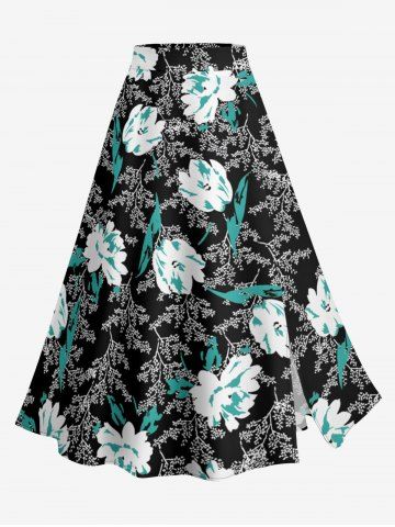 Jupe trapèze fendue hawaïenne à imprimé fleurs et feuilles grande taille - BLACK - 6X