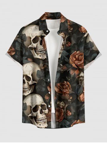 Chemise hawaïenne à poches boutons, imprimé fleurs et crânes, grandes tailles pour hommes - BLACK - 5XL