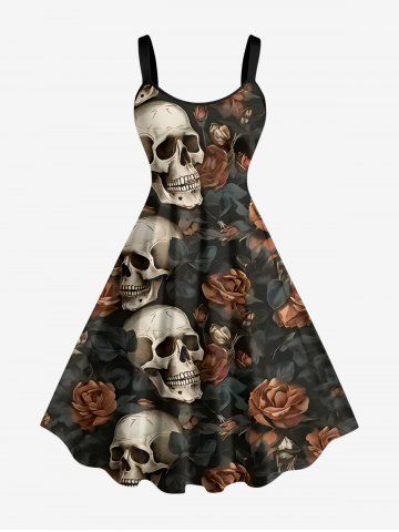 Robe hawaïenne grande taille à imprimé tête de mort, fleurs et feuilles - BLACK - XXS
