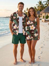 Ensemble hawaïen assorti chemise et barboteuse grande taille, tenue de plage à imprimé feuilles tropicales et hibiscus pour couples - Café profond 
