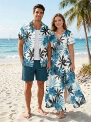 Hibiscus Flower Leaf Coconut Tree Print Matching Hawaii Beach Outfit For Couples -  